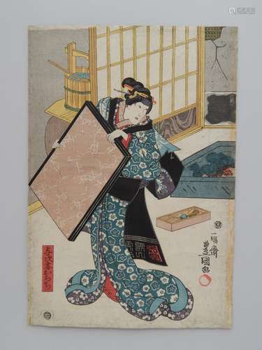 Toyokuni III, oban tate e, femme dans un intérieur...