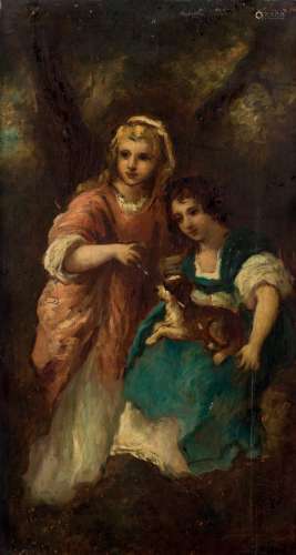 Attribué à Narcisse DIAZ DE LA PENA (1807–1876) - Deux fillettes avec un chien
