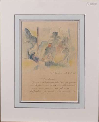 Dans le goût de PAUL GAUGUIN (1848-1903) - Paysage de Martinique à l’oiseau, illustration de lettre