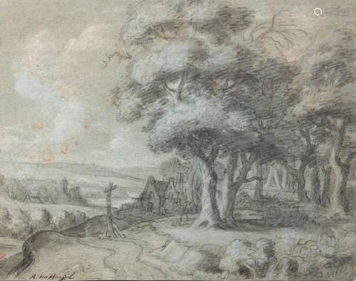 Aernout TER HIMPEL (Amsterdam 1634-1686) - Paysage au sous-bois, village et au calvaire