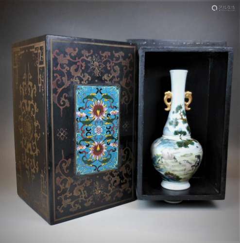 A Chinese Qing dynasty famille rose vase painted with horses and trees, [Yongzheng] mark