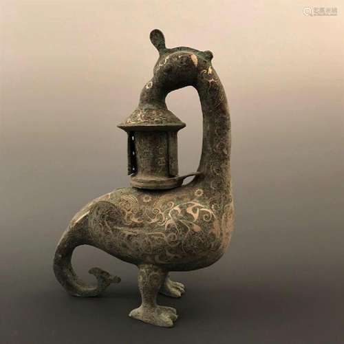 A Chinese archaic gold-inlaid bronze bird-formed light