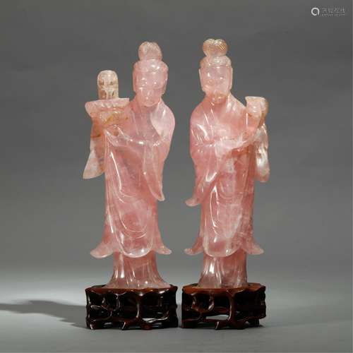 TWO CHINESE ROSS QUARTZ CARVED MAIDS