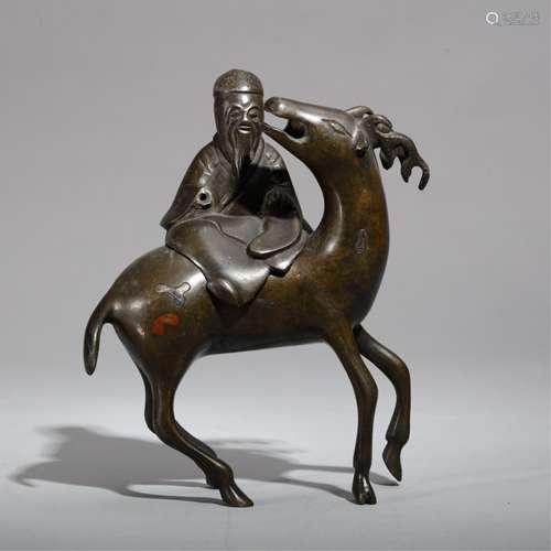 CHINESE BRONZE SCHOLAR RIDING DEER