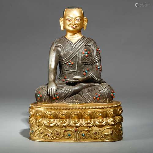 CHINESE GILT COPPER INLAID WITH GEMS FIGURE OF LAM