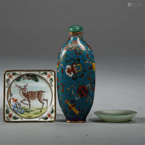 CHINESE CLOISONNE ENAMEL SNUFF BOTTLE SQUARE PLATE