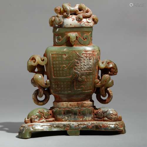 CHINESE JADE CARVED DRAGON COVER VASE