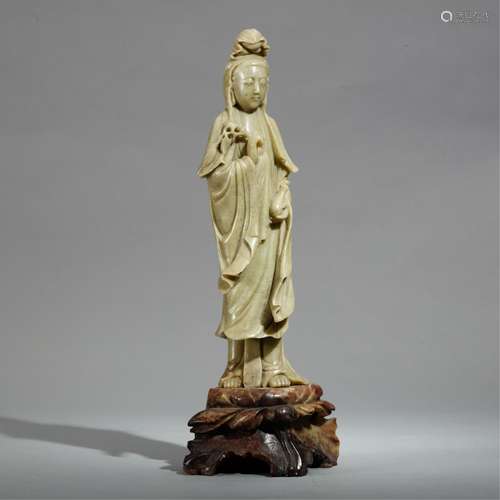 CHINESE CARVED STONE STANDING GUANYIN