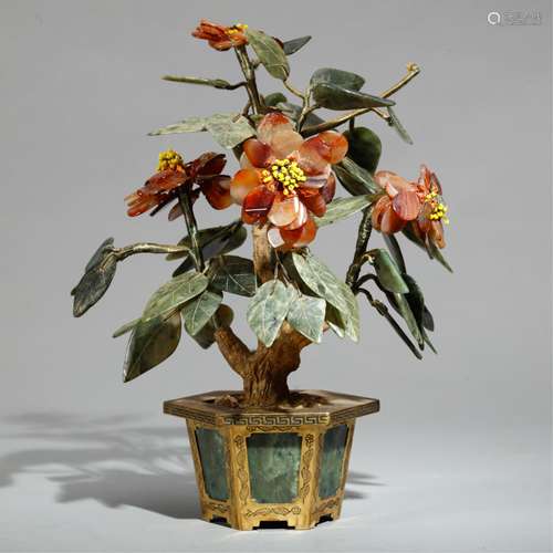 CHINESE BRONZE INLAID JADE FLOWERPOT