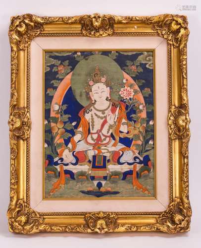 TIBETAN FRAMED THANGKA OF SEATED TARA