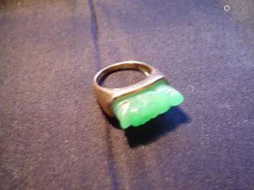 Chinese 14K gold green jade ring. marked 14K. 5.9 gram