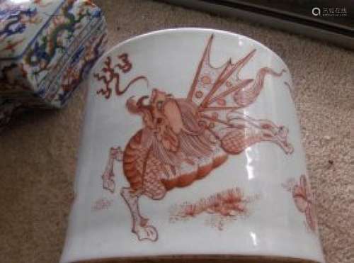 Chinese Qing qianlong mark and period red brush pot.