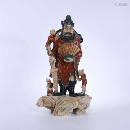 CHINESE COLOR SOAPSTONE STANDING ZHONGKUI AND GHOST