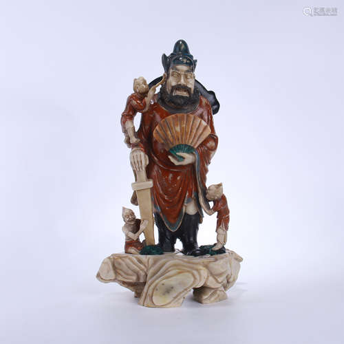 CHINESE COLOR SOAPSTONE STANDING ZHONGKUI AND GHOST