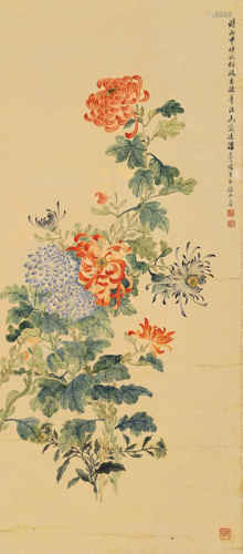 汤世澍 1896年作 菊花 立轴 设色绢本