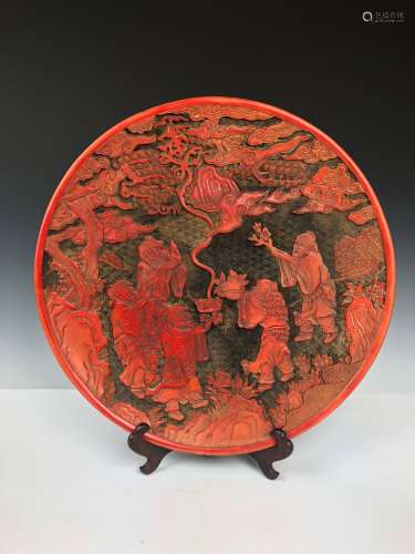 Cinnabar Plate with Scholar burning incense with Mark