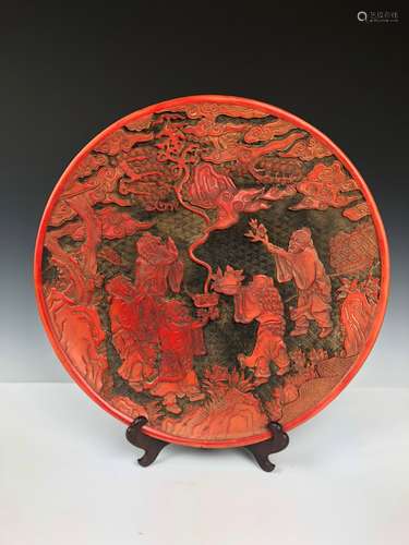 Cinnabar Plate with Scholar burning incense with Mark