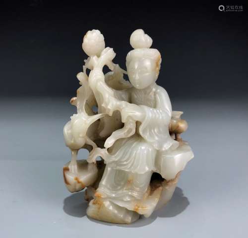 Carved White Jade Figure Of Lady With Russet