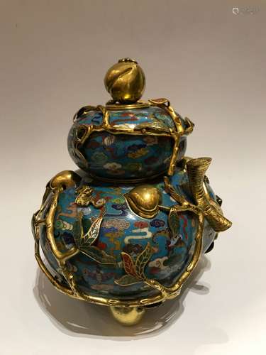 Cloisonne Enamel Gilt-Bronze Double Peach Vase With Cov