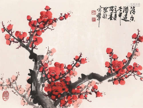 王成喜 1992年作 红梅 镜框 设色纸本