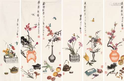 张继馨（b.1926） 花卉清供 六屏 纸片 设色纸本