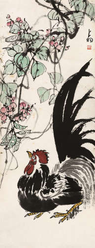 陈大羽（1912～2001） 豆棚公鸡 镜片 设色纸本