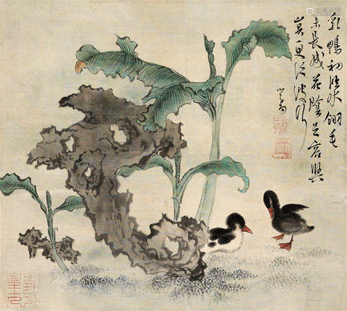 溥儒（1896～1963） 花荫乳鸭 镜片 设色绢本