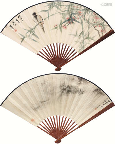 江寒汀 孔小瑜（1903～1963） 竹雀图 云龙 成扇 设色 水墨纸本
