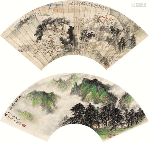 黎雄才 唐云（1910～2001） 1983年作 1946年作 山水 （两帧） 扇面镜片 设色纸本