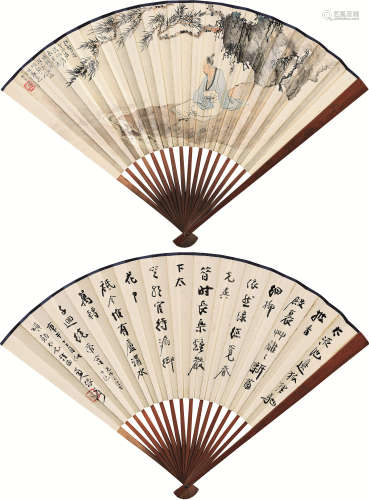 张大千（1899～1983） 1930年作 观泉高仕 书法 成扇 设色纸本
