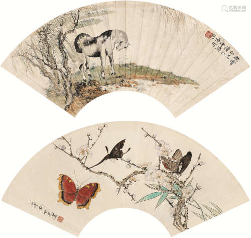 田世光 溥伒（1916～1999）（款） 花鸟 马 扇面镜片 设色纸本