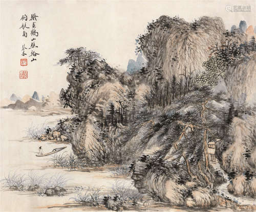 吴琴木（1894～1953） 溪山钓艇 镜框 设色纸本