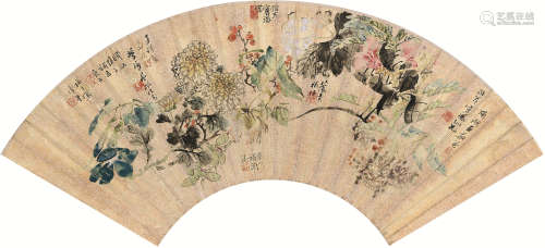 任颐（1840～1896）等 花卉 扇框 设色泥金