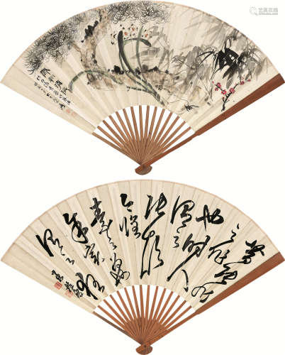 张大千 王植波（1899～1983） 1933年作 岁朝清供 书法 成扇 设色纸本
