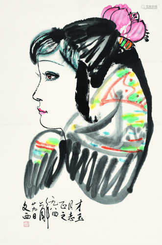 刘文西（b.1933） 1984年作 陕北女孩 镜片 设色纸本