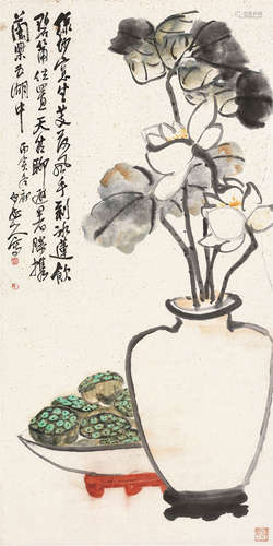 王震（1867～1938） 1926年作 清供 立轴 设色纸本