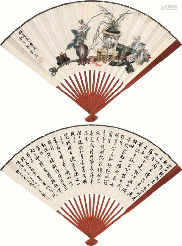 沈尹默 孔小瑜（1883～1971） 清供图 书法 成扇 设色纸本