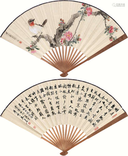 江寒汀 朱其石（1903～1963） 花鸟 书法 成扇 设色纸本