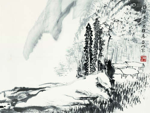 亚明（1924～2002） 山中人家 镜片 水墨纸本