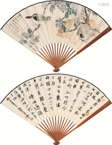 江寒汀 梅鹤孙（1903～1963） 1947年作 花鸟 书法 成扇 设色纸本