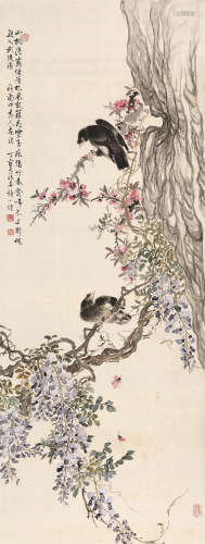 丁宝书（1866～1935） 紫藤八哥 立轴 设色绢本