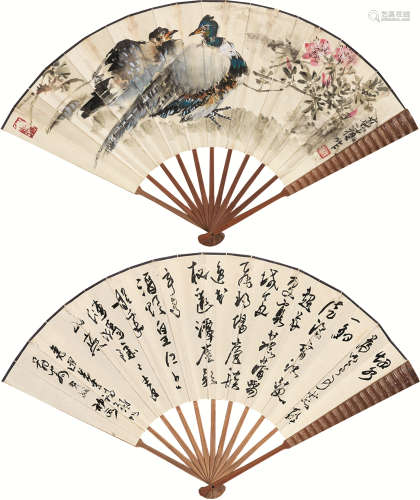 苏葆桢 来楚生（1916～1990） 花鸟 书法 成扇 设色纸本