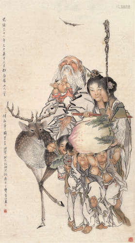 钱慧安（1833～1911） 1905年作 献寿图 立轴 设色纸本