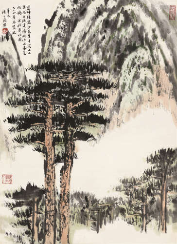 陆俨少 陆一飞（1909～1993） 1977年作 山水 立轴 设色纸本