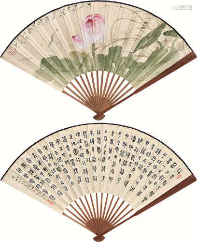 唐云 王福厂（1910～1993） 1947年作 1948年作 池趣 书法 成扇 设色纸本