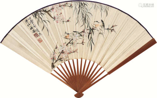 溥佐 溥儒（1918～2001） 桃柳双燕 成扇 设色纸本