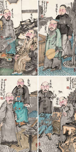 周京新（b.1959） 2007年作 扬州八怪 四屏 纸片 设色纸本
