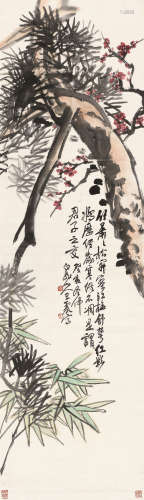 王震（1867～1938） 1923年作 三友图 立轴 设色绫本