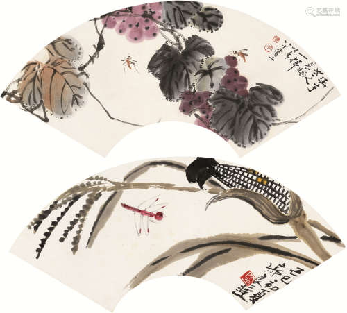 齐良迟 何涵宇（1921～2003） 1989年作 玉米蜻蜓 葡萄蜻蜓 立轴 设色纸本