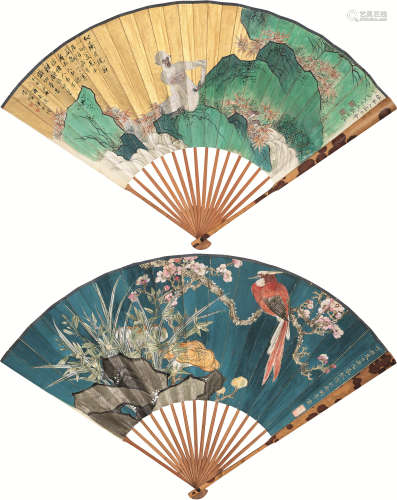 张辛稼（1909～1991） 1937年作 1957年作 花鸟 成扇 设色纸本